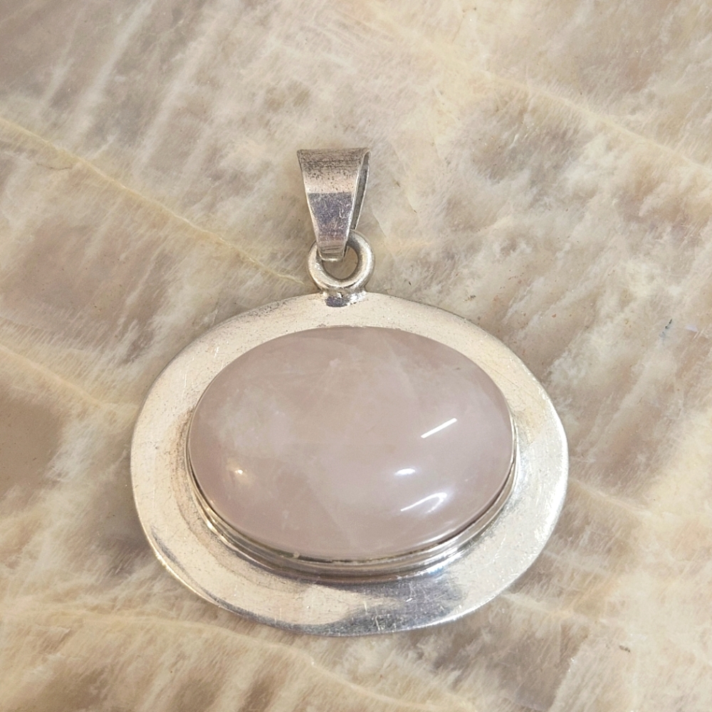 Rose Quartz Sterling Silver Mexico 925 Pendant 16 Grams - Picture 8 of 11